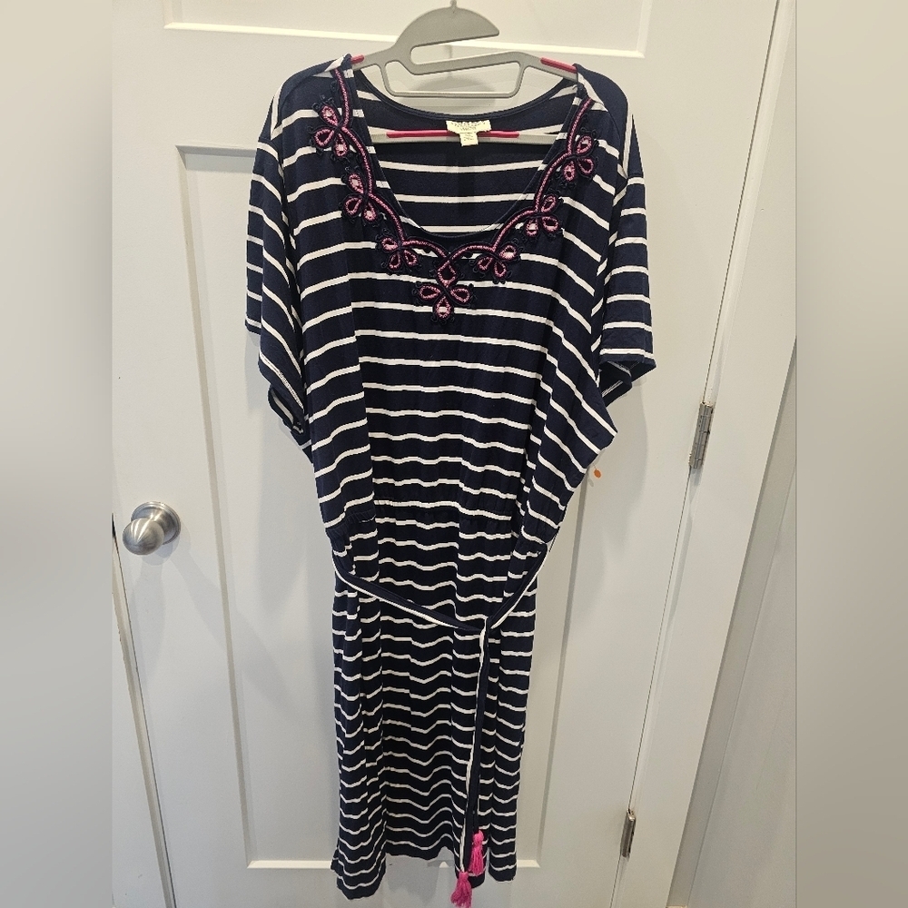 Appleseed’s Women’s 3X Striped Knit Dress – Navy White Embroidered Neck Tassel